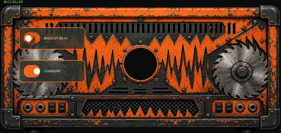 Buzz Killer amp face with Chainsaw switch